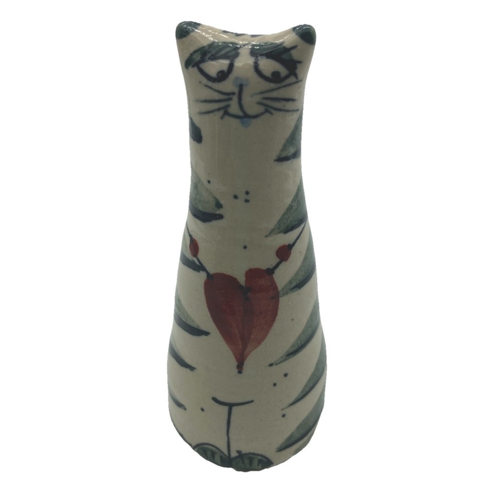 Smiling Cat Figure Vintage Art Ceramic Stripes w/Heart Necklace Whimsy Signed 4"